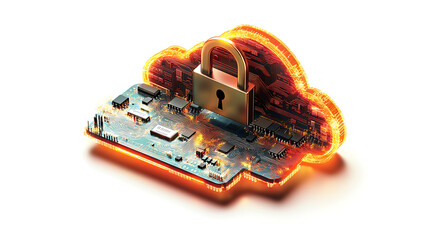 Aufkleber - A digital illustration of a secure cloud storage concept, featuring a metallic microchip with a padlock symbolizing data protection and cybersecurity in cloud computing