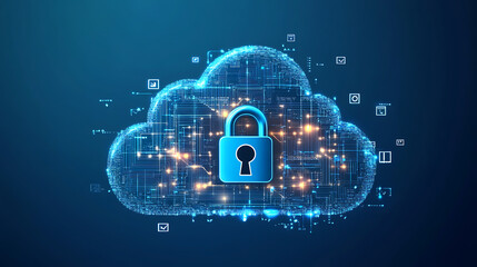 Leinwandbilder - A digital illustration of a secure cloud storage concept, featuring a metallic microchip with a padlock symbolizing data protection and cybersecurity in cloud computing