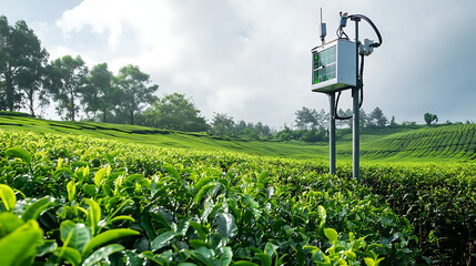 Poster - A weather station amidst a green tea field illustrates 5G technology combined with smart farming concepts