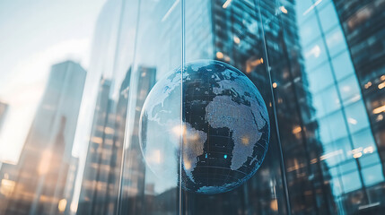 Poster - A double exposure of digital data and globe with a glass building in the background, symbolizing global business digital world is reflected in the buildings' windows