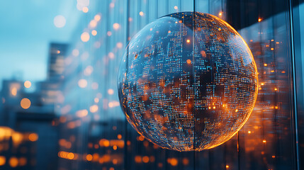 Poster - A double exposure of digital data and globe with a glass building in the background, symbolizing global business digital world is reflected in the buildings' windows