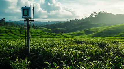 Poster - A weather station amidst a green tea field illustrates 5G technology combined with smart farming concepts