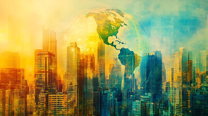Poster - A double exposure of the globe and modern office buildings with glass facades, representing global business in the digital era