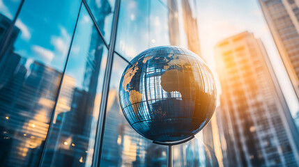 Poster - A double exposure of the world globe and glass building in a business district, symbolizing global network technology for online advertising