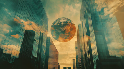 Poster - A double exposure of the globe and modern office buildings with glass facades, representing global business in the digital era