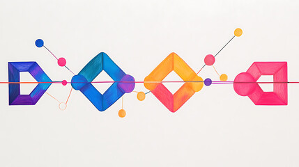Aufkleber - A minimalistic colored drawing of a concept diagram showing two chains made up of squares and triangles connected at their ends by lines on a white background