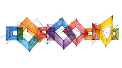 Poster - A minimalistic colored drawing of a concept diagram showing two chains made up of squares and triangles connected at their ends by lines on a white background