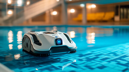 Poster - A robotic pool cleaner in action, maintaining a swimming pool by cleaning its bottom and walls, providing an essential service before the summer swimming season