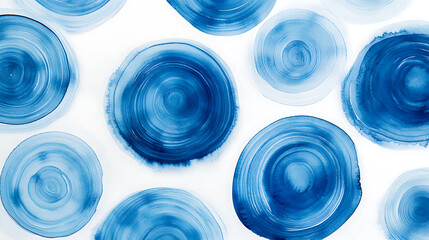 Aufkleber - Abstract blue watercolor brush strokes in the shape of circles on a white background, with a white and light blue color scheme