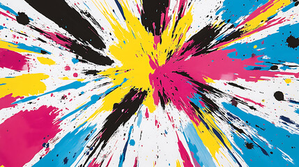 Poster - A vibrant CMYK explosion depicting a dynamic burst of cyan, magenta, yellow, and black toner splatters against a white background, symbolizing creativity and the printing process
