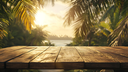 Poster - A wooden table with a blurred background of palm trees and the sea, creating an exotic summer concept