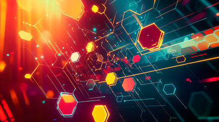 Poster - A digital illustration of an abstract background with hexagons and icons representing technology, innovation, social media marketing, business development