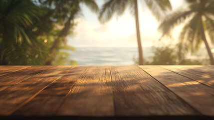 Poster - A wooden table with a blurred background of palm trees and the sea, creating an exotic summer concept