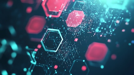 Poster - A digital illustration of an abstract background with hexagons and icons representing technology, innovation, social media marketing, business development