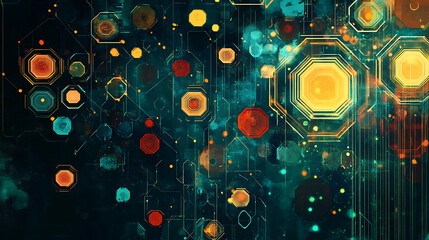Poster - A digital illustration of an abstract background with hexagons and icons representing technology, innovation, social media marketing, business development