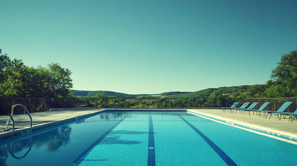 Poster - An empty swimming pool with blue water and open patio chairs set against a green Texas Hill country background under a clear sky, capturing a tranquil day