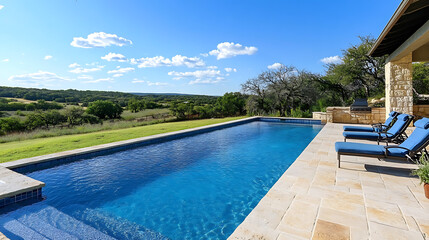 Poster - An empty swimming pool with blue water and open patio chairs set against a green Texas Hill country background under a clear sky, capturing a tranquil day