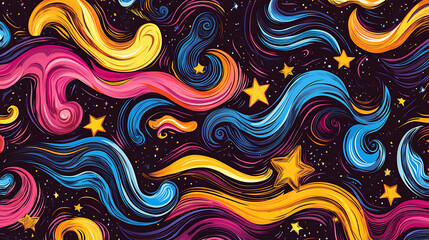Poster - Colorful psychedelic background with swirling waves and stars Retro groovy pattern for tshirt print, wallpaper design