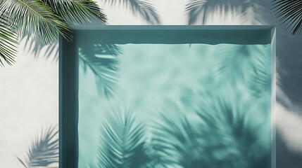 Aufkleber - An overhead view of a luxurious swimming pool with the shadow of a palm cast on the water, creating a tropical background ideal for product placement on a podium mockup