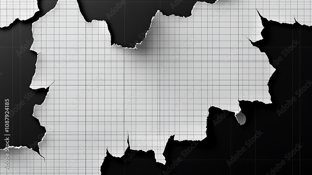 A visual of ripped white graph paper against a black background ...