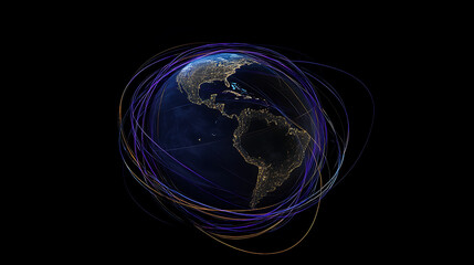 Aufkleber - Glowing blue and purple lines orbit around the globe, representing global connectivity and technology's impact on world events in dark background
