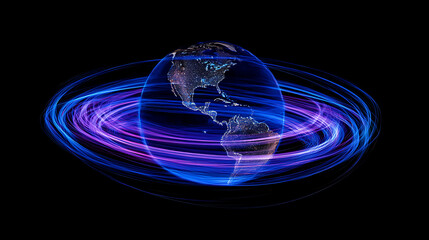 Poster - Glowing blue and purple lines orbit around the globe, representing global connectivity and technology's impact on world events in dark background