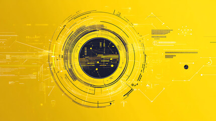 Poster - A yellow circle with an abstract design of various shapes and lines around it, representing data or information