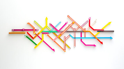 Poster - Abstract colorful arrows in the shape of subway map lines on a white background