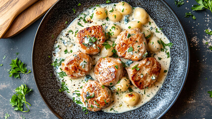 Poster - Pork medallions with blue cheese and gnocchi sauce