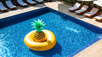 Poster - Empty, rectangular blue swimming pool sunbeds and umbrellas, large inflatable yellow pineapple floating tube, Perfect for a real estate rental or a luxurious chill-out summer vacation at a resort