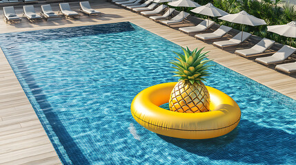Poster - Empty, rectangular blue swimming pool sunbeds and umbrellas, large inflatable yellow pineapple floating tube, Perfect for a real estate rental or a luxurious chill-out summer vacation at a resort