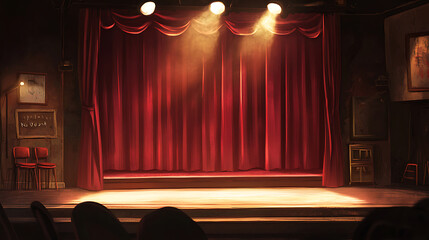 Fototapete - Spotlight illuminates a maroon red curtain on a theater stage, setting a dramatic art performance scene