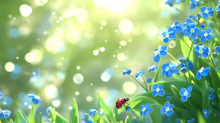 Poster - Beautiful spring background with blue forgetmenot flowers and ladybugs on blurred green grass, sunshine and bokeh effect, banner design, copy space concept