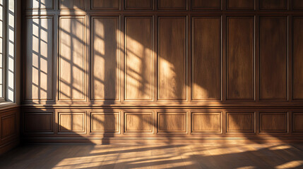 Poster - Sunlight casting shadows on classic wooden wall paneling
