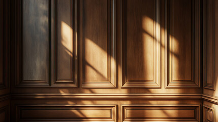 Aufkleber - Sunlight casting shadows on classic wooden wall paneling