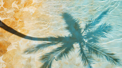 Poster - Top-down view of a swimming pool background, with a water ring and the shadow of a palm on travertine stone