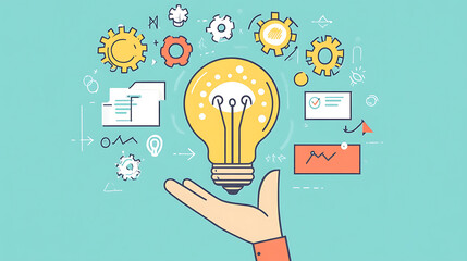 Poster - Hand holding light bulb with gears icon, digital marketing and online business concept for technology innovation idea in creative thinking process