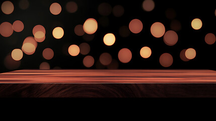 Poster - Image of wooden table in front of abstract blurred background of restaurant lights on black for montage products