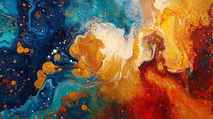 Poster - Modern abstract oil painting art design, Orange, gold, blue and red, hand painted background