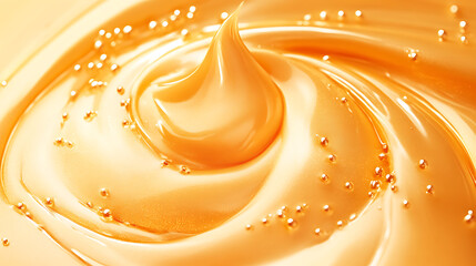 Poster - Orange gel texture background, Gold cosmetic transparent cream swirl with bubbles, Citrus fruit skincare product closeup