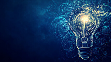 Poster - Light bulb and doodle swirls on blue background banner, idea concept for business or education design with space for copy