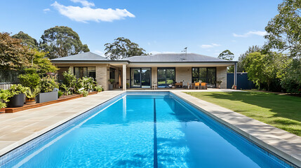 Poster - The backyard of a modern home featuring a swimming pool as a highlight of the property