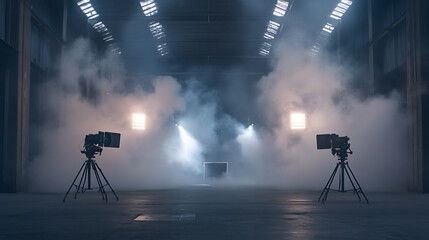 Poster - The film's filming location is a large empty stage with three cameras and spotlights, surrounded by smoke, The background shows spotlights illuminating an empty, dark space