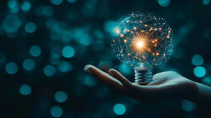 Poster - The hand holds a light bulb with glowing digital network connections shining bright against a dark blue background, symbolizing innovation and technology in a business concept design