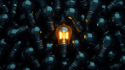 Poster - A lot of black light bulbs, one glowing bulb in the middle