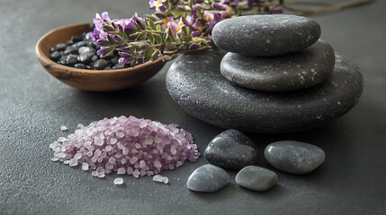 Aufkleber - Various types of sea salt and spa stones on a gray table