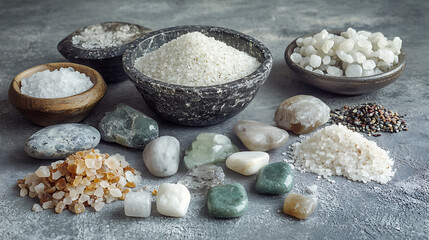 Aufkleber - Various types of sea salt and spa stones on a gray table