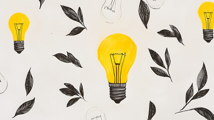 Poster - A line drawing of light bulbs on white background, one bulb is glowing yellow and the rest have their bulbs off