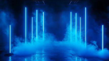 Aufkleber - Empty dark stage with blue neon lights spotlights and smoke for product display abstract background