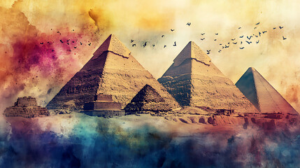 Poster - Egyptian plagues watercolor illustration of egypt pyramids and locusts flying over the nile